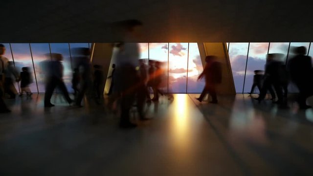 Business People Silhouettes Walking Commuter, Rear View City Skyline at Sunset, Timelapse