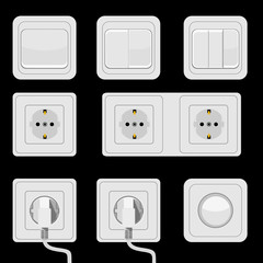 Illustration set of realistic electric switches and sockets on black background