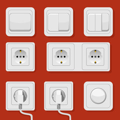 Illustration set of realistic electric switches and sockets on black background