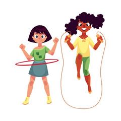 Two girls, Caucasian and black African American, playing with jumping rope and hula hoop at playground, cartoon vector illustration isolated on white background. Girl friends having fun at playground