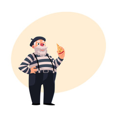 Grey haired, fat French mime in traditional clothing holding cheese as symbols of France, cartoon vector illustration with place for text. French man dressed as mime, comedian performer