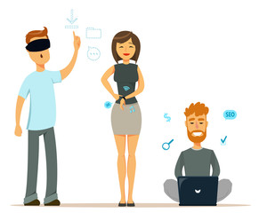 Set of people with modern gadgets. Man in virtual reality glasses. Cheerful woman with smart watch. Man sitting on the floor and working with laptop. Characters. Cute flat style. Vector