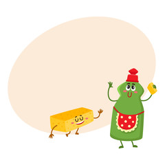 Funny dish washing liquid bottle and sponge characters with smiling human face, cartoon vector illustration with place for text. Dish washing liquid and sponge characters, kitchen tools