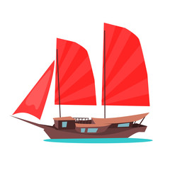 Traditional Wooden Junk Ship Flat Vector Icon 