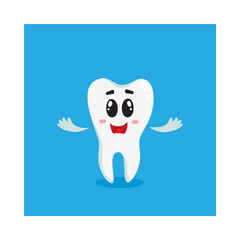 Cute and happy shiny white tooth character, welcome, greeting, dental care concept, isolated cartoon vector illustration. Welcoming, greeting happy tooth character, mascot, dental health care symbol