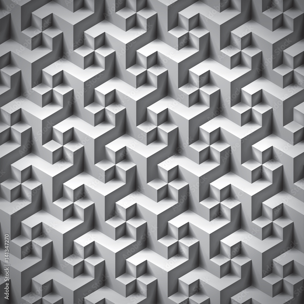 Poster volume realistic unreal texture, gray cubes, 3d geometric pattern, design vector background