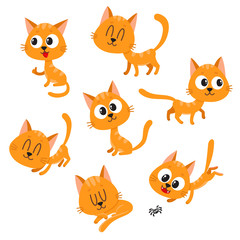 Naklejka premium Set of cute and funny red cat character showing different emotions, playing, sleeping, sitting, standing, cartoon vector illustration isolated on white background. Cute and funny red cat character