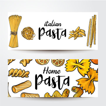 Banners with uncooked Italian pasta and place for text, sketch vector illustration isolated on white background. Banner, label design, decoration with pasta - penne, spaghetti, bow, tagliatelle
