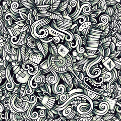 Graphic Tea time hand drawn artistic doodles seamless pattern