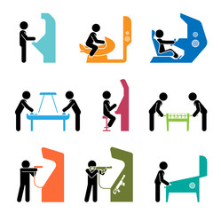 Pictograms representing people playing games.
Various types of having fun in gaming center. 