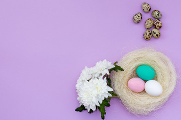 Fototapeta na wymiar nest with colored eggs, quail eggs and chrysanthemum flower on a pink background.