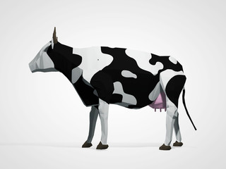 3D illustration of origami cow. Polygonal geometric style cow standing full-length Holstein black and white cow