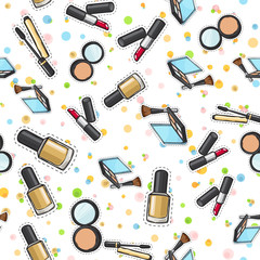 Seamless Pattern. Nail Polish. Powder. Lipstick.