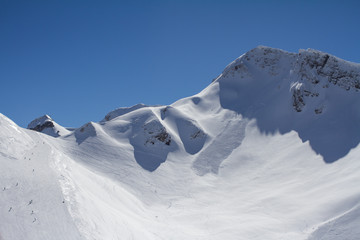 Ski piste in the mountain ski resort.