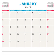 January 2018. Calendar planner vector design template. Week starts on Sunday. Stationery design