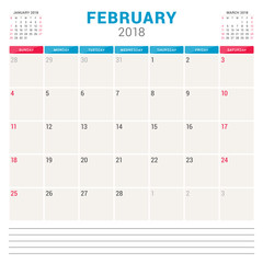 February 2018. Calendar planner vector design template. Week starts on Sunday. Stationery design
