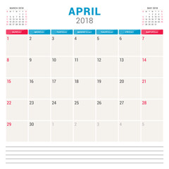 April 2018. Calendar planner vector design template. Week starts on Sunday. Stationery design