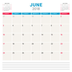 June 2018. Calendar planner vector design template. Week starts on Sunday. Stationery design