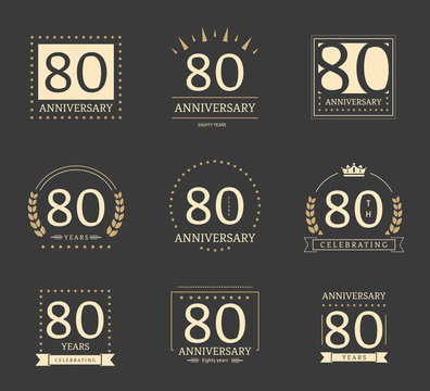 Eighty years anniversary logotype. 80th anniversary logo set.