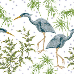 Seamless pattern with heron bird and swamp plants. Vintage hand drawn vector illustration in watercolor style