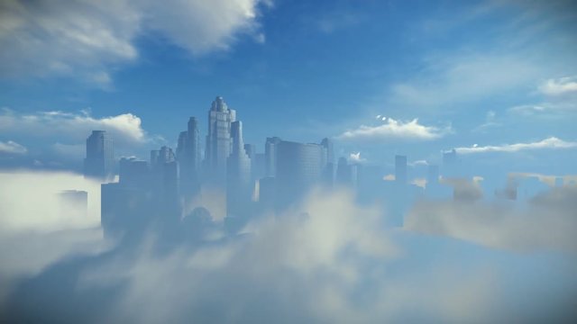 City skyline above clouds, zoom in