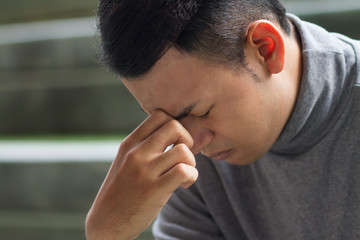 sick man with headache, depression, stress, anxiety, vertigo, hangover, migraine