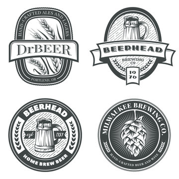 Set of vintage beer emblems, labels and badges. Vector illustration. Brewery logo design elements.