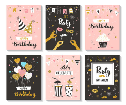 Happy birthday greeting card and party invitation collection, vector illustration, hand drawn style