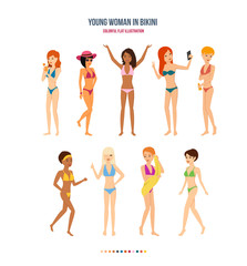 Young, tanned girls in underwear, summer set of characters.