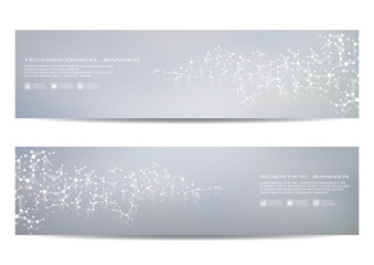 Set of modern scientific banners. Molecule structure DNA and neurons. Abstract background. Medicine, science, technology, business, website templates. Scalable vector graphics.