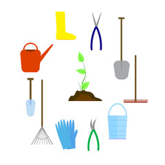 Set of various agricultural tools for garden care, colorful vector flat illustration
