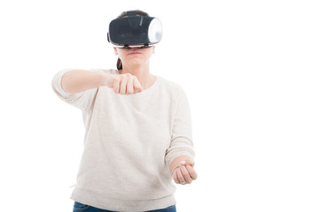 Woman with digital VR headset experiencing gaming