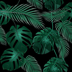 Fototapeta na wymiar Tropical palm leaves. Jungle thickets. Seamless floral pattern. Isolated on a black background. illustration