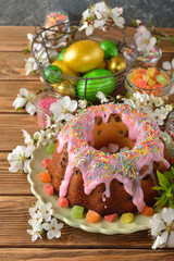 Easter cake, flowers and eggs
