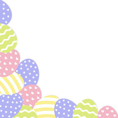 Happy Easter. Painted egg corner frame. Painting shell. Heart, star, line shape pattern. Light color. Greeting card template. White background. Isolated. Flat design.
