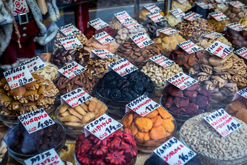 Dried nuts and fruits in traditional shop in Porto, Portugal