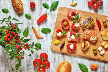Mix of appetizers / snacks. Mediterranean tapas or antipasti on a rustic wooden table. Sandwiches with salami, jamon, sardines, salmon, mozzarella, cheese, tomato, olives, pepper, basil. Copy space.