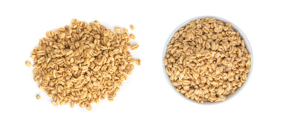 Heap of Puffed Wheat Snack in White Round Bowl Isolated