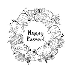 Happy Easter background.Frame made of eggs and doodled flowers and butterflies and lettering.