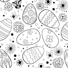 Easter eggs and flowers seamless pattern. Background for design.