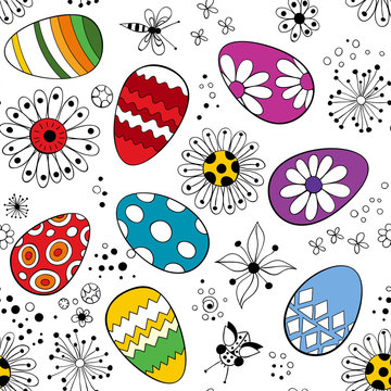Easter eggs and flowers seamless pattern. Background for design.