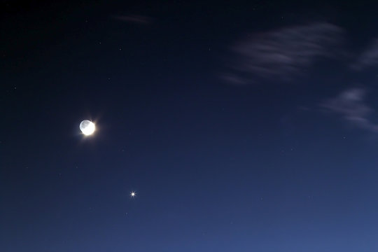 Night blue sky with bright moon and single star