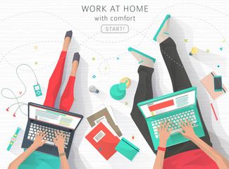 Concept of working at home. Relaxation. Work wherever you want with pleasure. Creating ideas. E-learning. Freelance. Flat vector illustration.