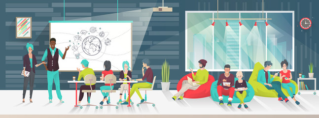 Concept of big art space. Art people work together in coworking place. Business meeting. Multicultural team. Art office. Discussion, presentation, design,  lounge, meeting. Vector flat illustration. - 141363212