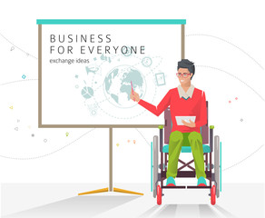 Concept of man with disabilities holding presentation. Disabled man read lecture. Conference. Vector flat illustration