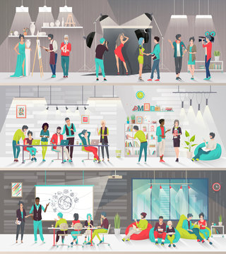Concept of big art space. Art people work together in coworking place. Art office. Discussion, presentation, painting, design, library, photography, lounge, meeting. Vector flat illustration.