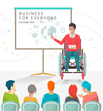 Concept of man with disabilities holding presentation. Disabled man read lecture. Conference. Vector flat illustration