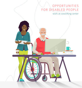 Concept of training courses for all people. Disabled man has opportunity to learn something new or to work via internet.  Vector flat illustration.
