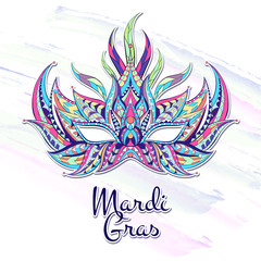 Patterned mask on the grunge background. Mardi Gras festival. Tattoo design. It may be used for design of a t-shirt, bag, postcard, a poster and so on.   - 141363419