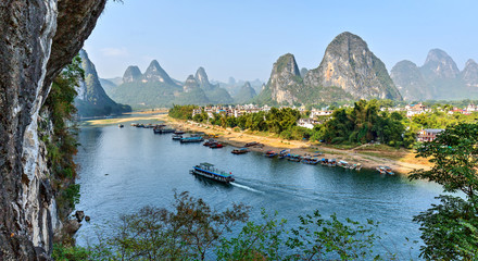 Beautiful karst mountains and the Li River. View from the hill above town of the Hingping - China - 141363479